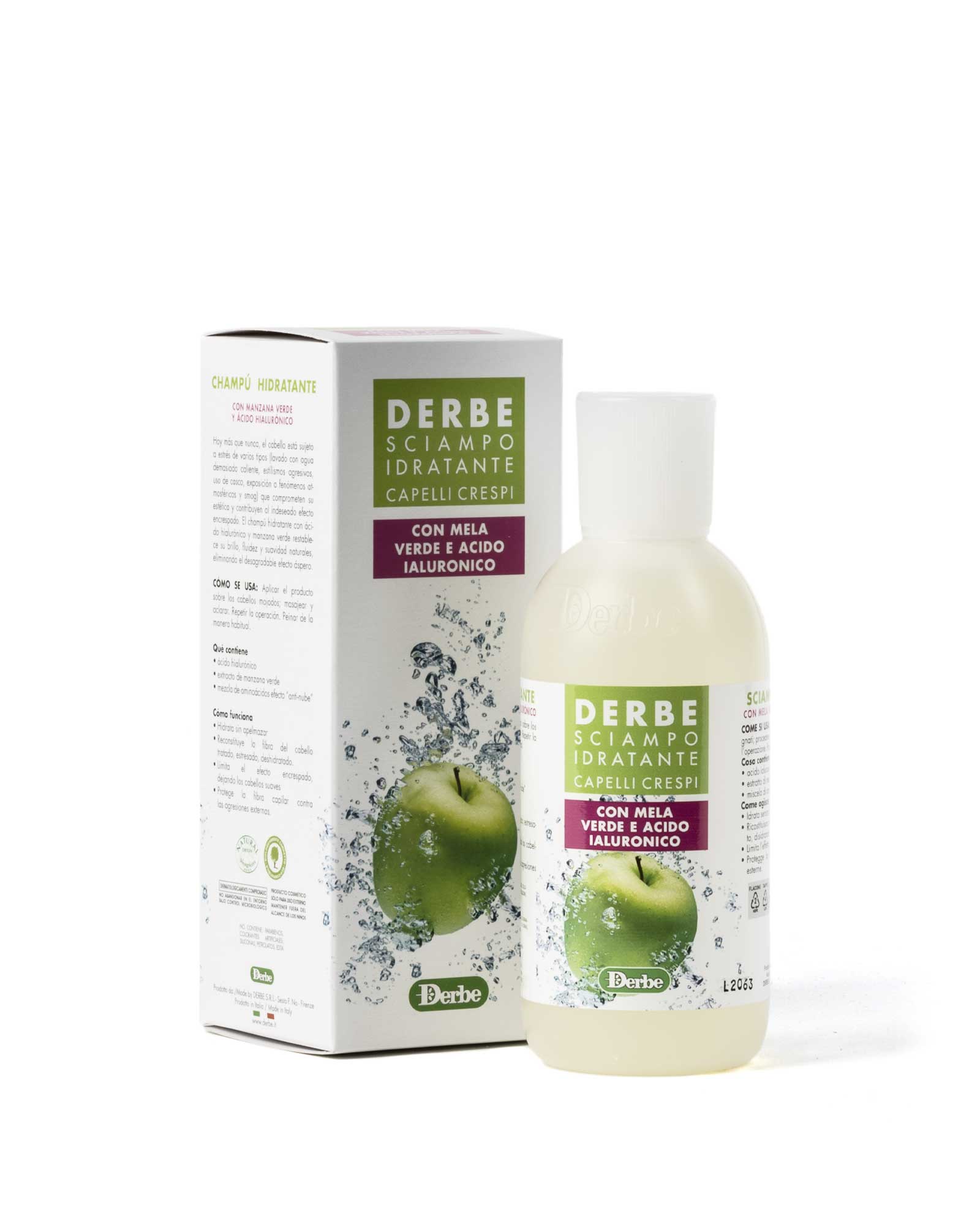 champú hidratante para cabello encrespado manzana verde ácido hialurónico derbe